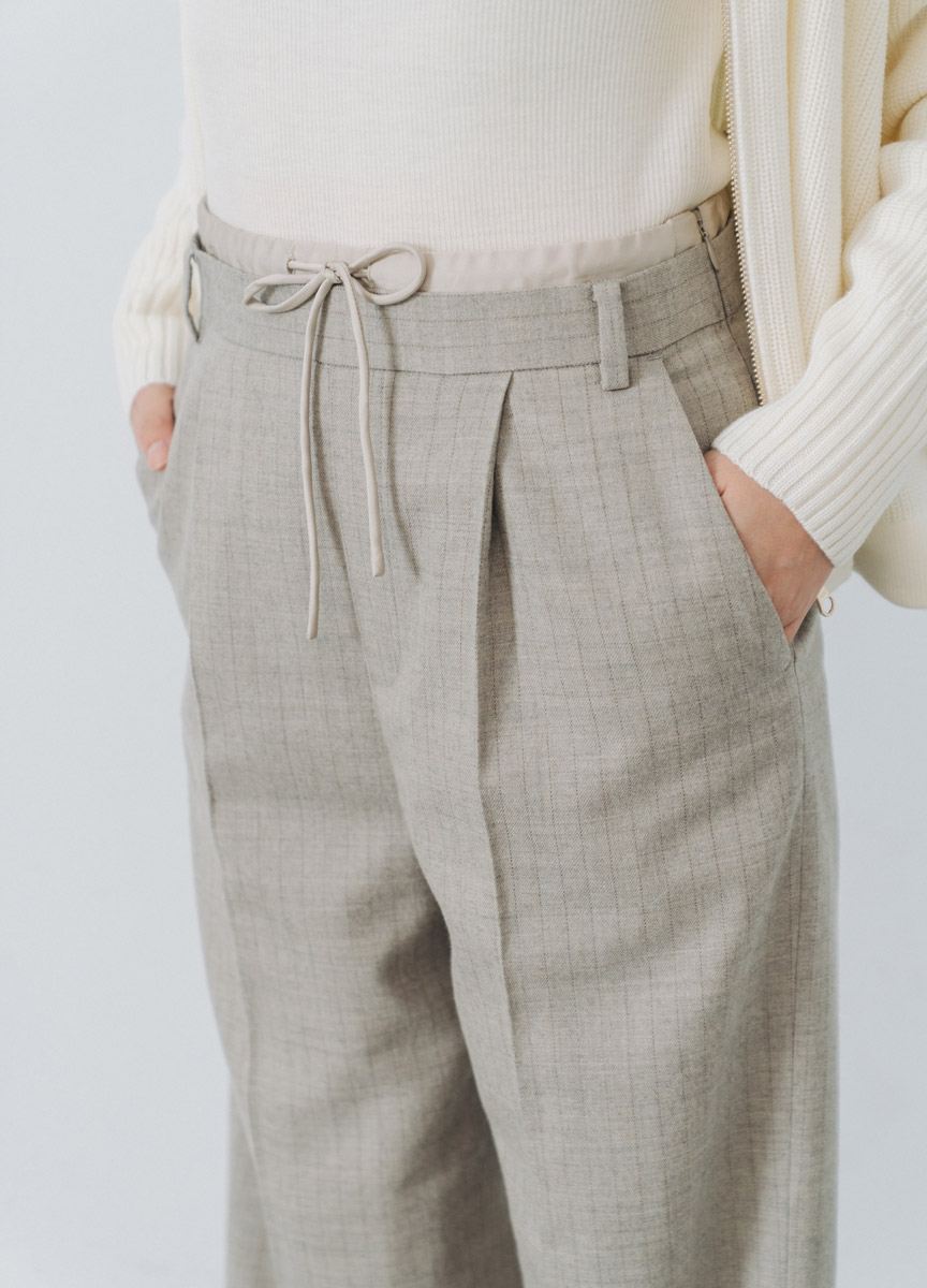 法蘭絨條紋綁帶寬褲